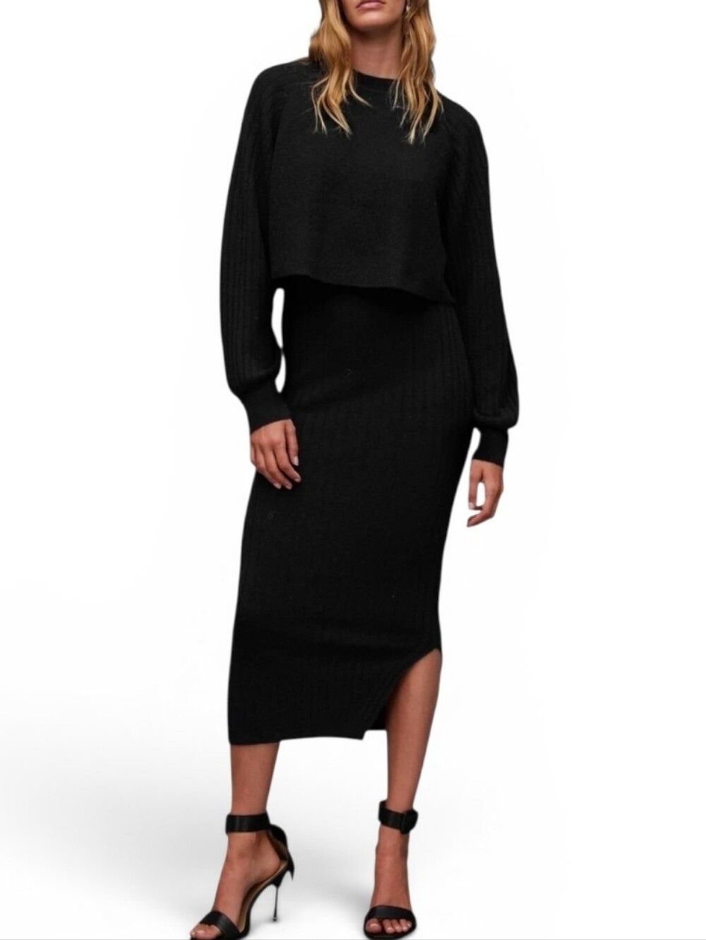 ALL SAINTS Black Margot Wool Blend Crew Neck Knit Midi Dress - Large